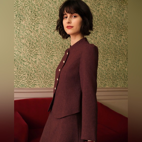 Burgundy Retro Single-breasted Tweed Jacket - Picture 2 of 5